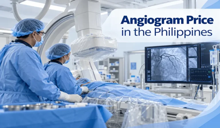Doctors performing a coronary angiogram in a hospital cardiac catheterization laboratory, with heart artery images displayed on a monitor in the Philippines.