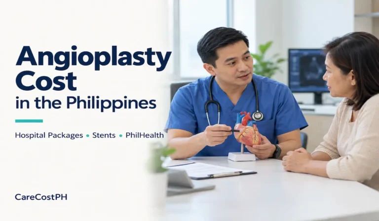 Doctor explaining a heart model to a patient beside the title “Angioplasty Cost in the Philippines.”