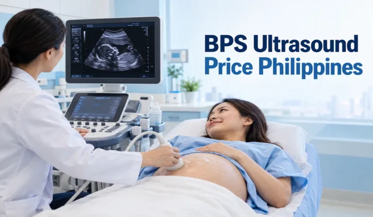 Pregnant woman undergoing a biophysical profile scoring ultrasound examination in a Philippine maternity clinic.