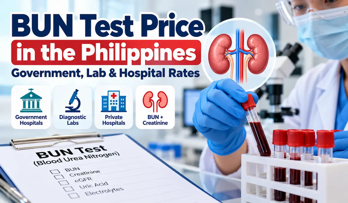 BUN test price in the Philippines showing a medical laboratory technician holding a blood sample for kidney function testing, with government hospital and diagnostic lab comparisons.