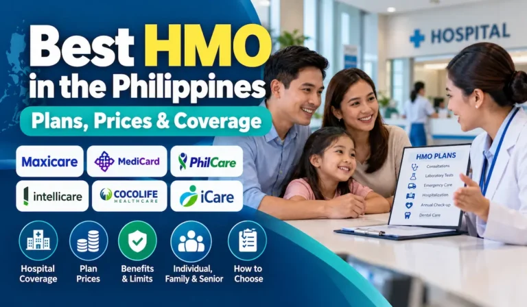 Filipino family discussing HMO health insurance plans with a healthcare representative, featuring Maxicare, MediCard, PhilCare, Intellicare, Cocolife and iCare.