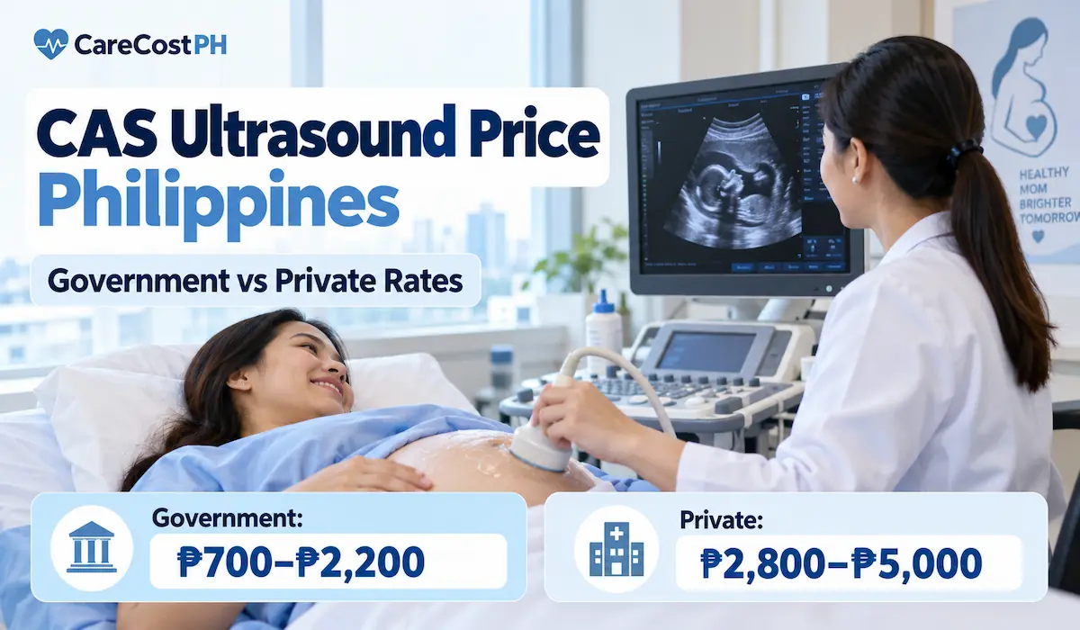 Pregnant woman undergoing a CAS (congenital anomaly scan) ultrasound in the Philippines, showing government and private hospital price comparisons.