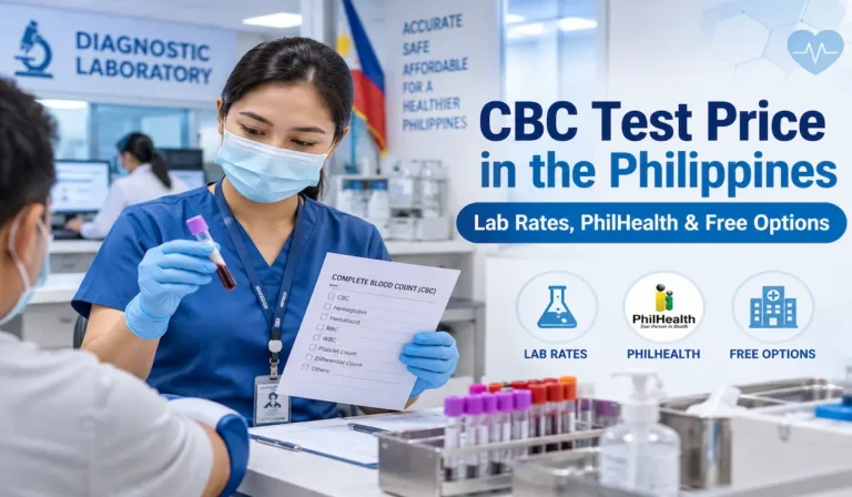 Medical technologist holding a blood sample for a CBC test in a Philippine diagnostic laboratory, with information on lab prices, PhilHealth coverage, and free testing options.