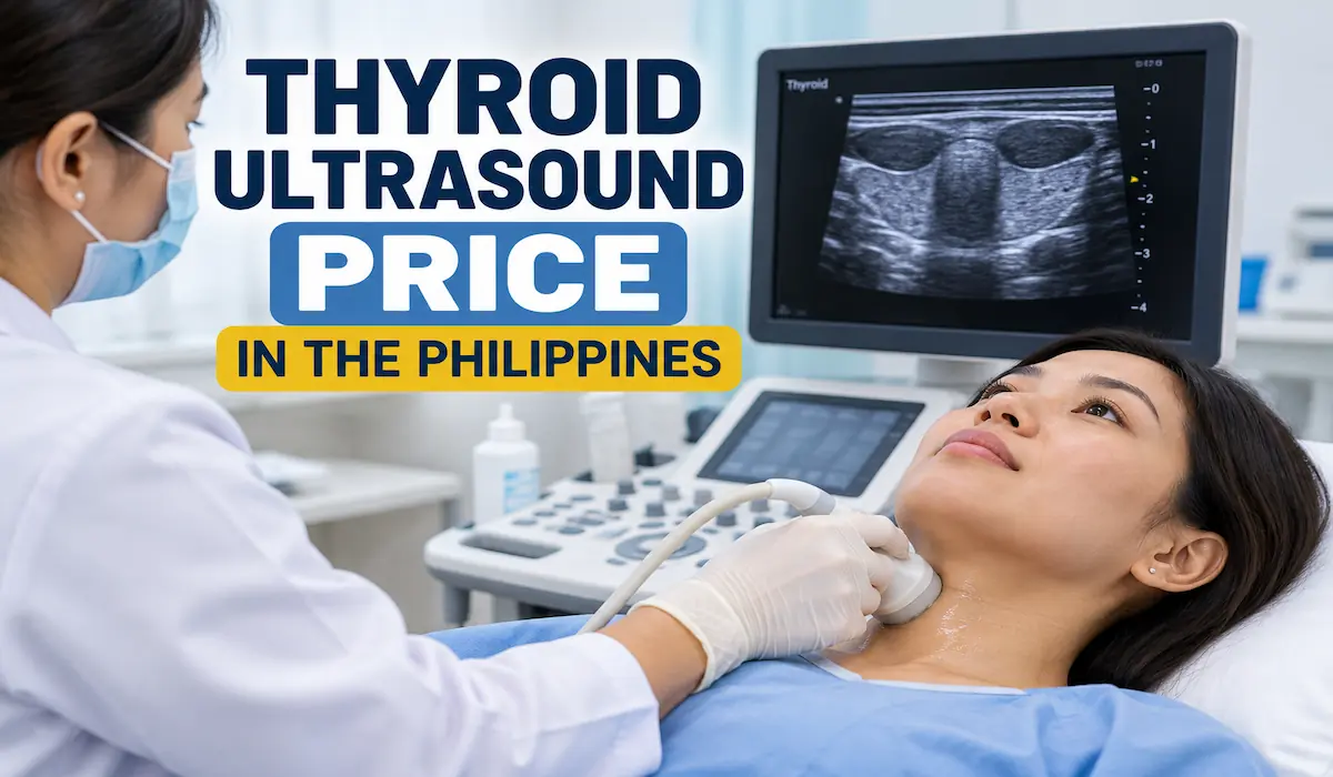 Female patient undergoing a thyroid ultrasound examination at a diagnostic clinic in the Philippines.