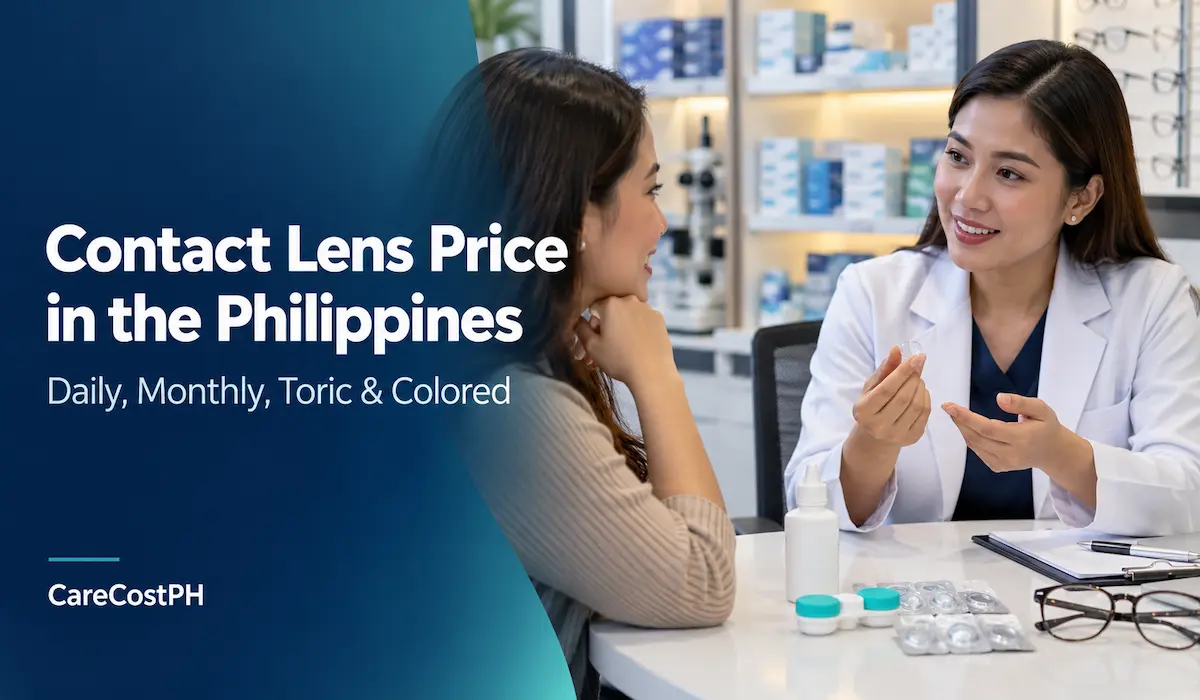Optometrist discussing contact lenses with a patient in a Philippine optical clinic, with lens cases and solution on the desk.