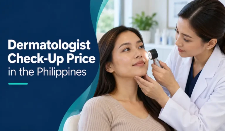 Dermatologist examining a patient’s cheek, beside the title “Dermatologist Check-Up Price in the Philippines.”