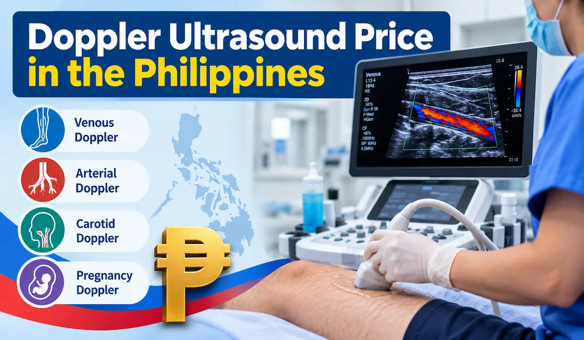 Doppler ultrasound price in the Philippines showing a vascular ultrasound examination and venous, arterial, carotid, and pregnancy Doppler types.