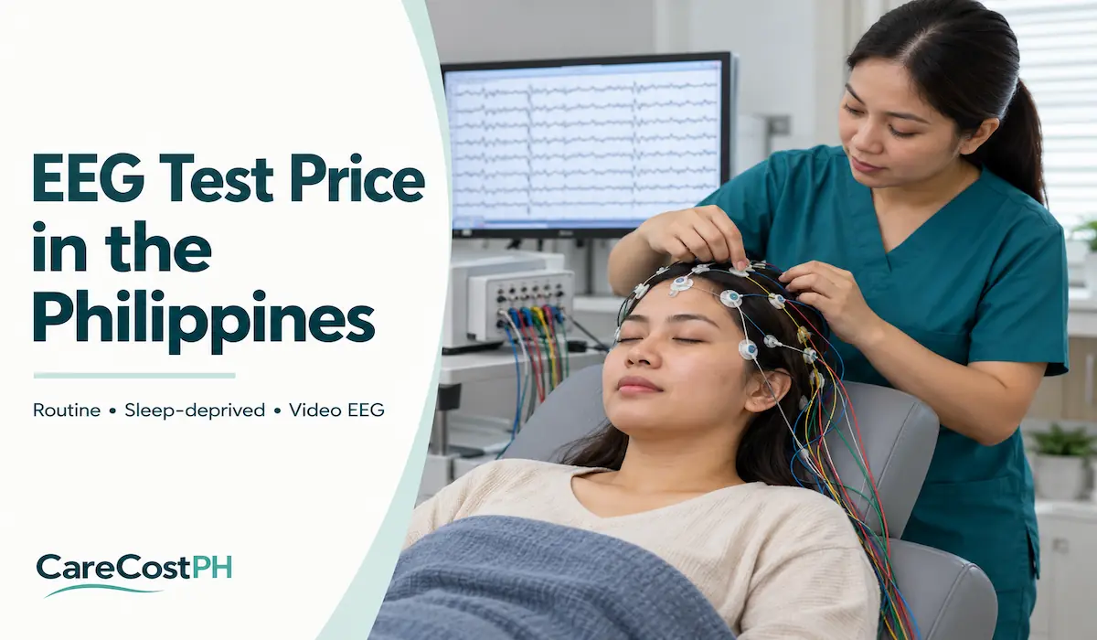 Technologist adjusting scalp electrodes on a patient during an EEG test, with brain-wave recordings displayed on a monitor.