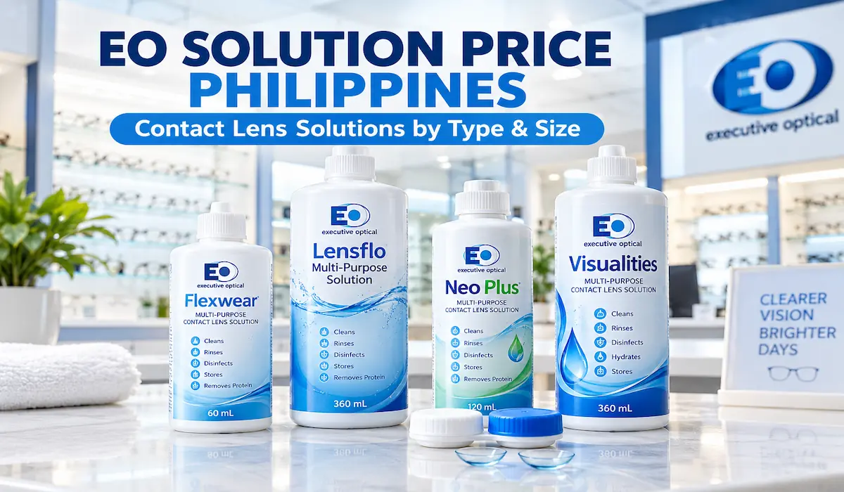 Contact lens cleaning solution bottles and contact lens case illustrating Executive Optical solution prices in the Philippines.