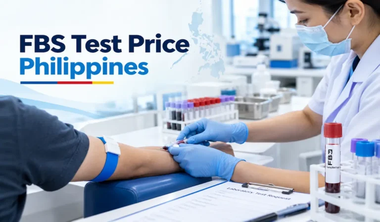 Medical technologist collecting a blood sample from a patient for a fasting blood sugar (FBS) test at a diagnostic laboratory in the Philippines.