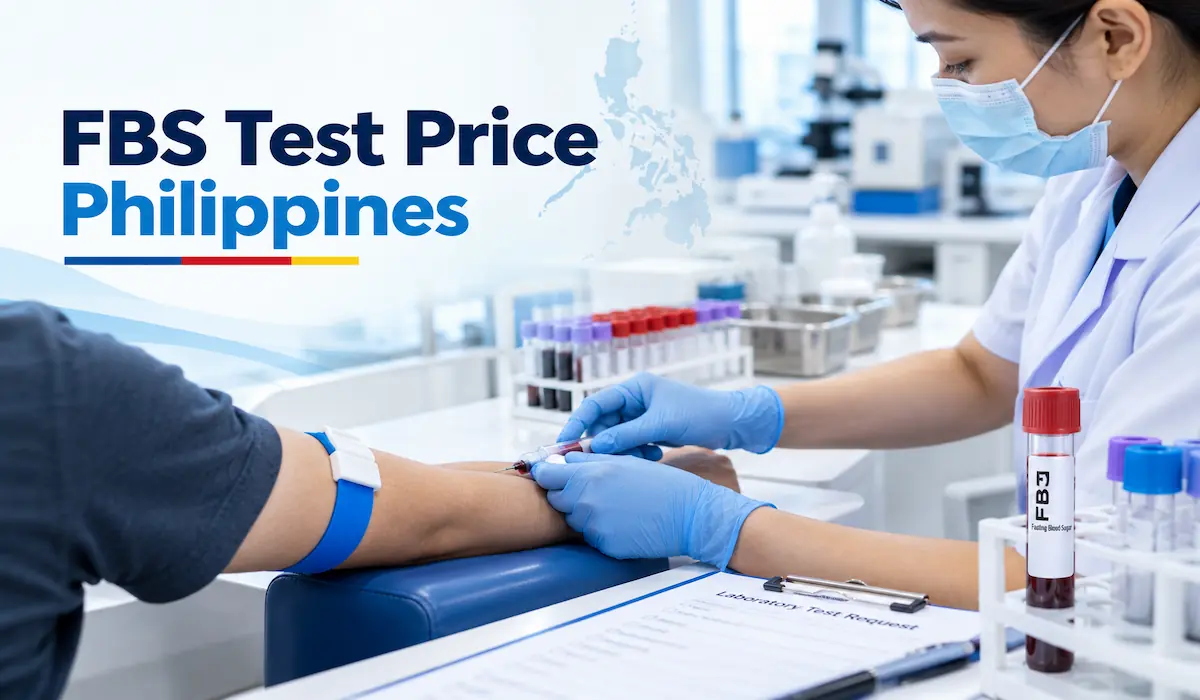 Medical technologist collecting a blood sample from a patient for a fasting blood sugar (FBS) test at a diagnostic laboratory in the Philippines.