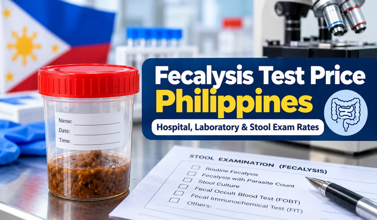 Fecalysis test price in the Philippines with stool specimen container and laboratory equipment.