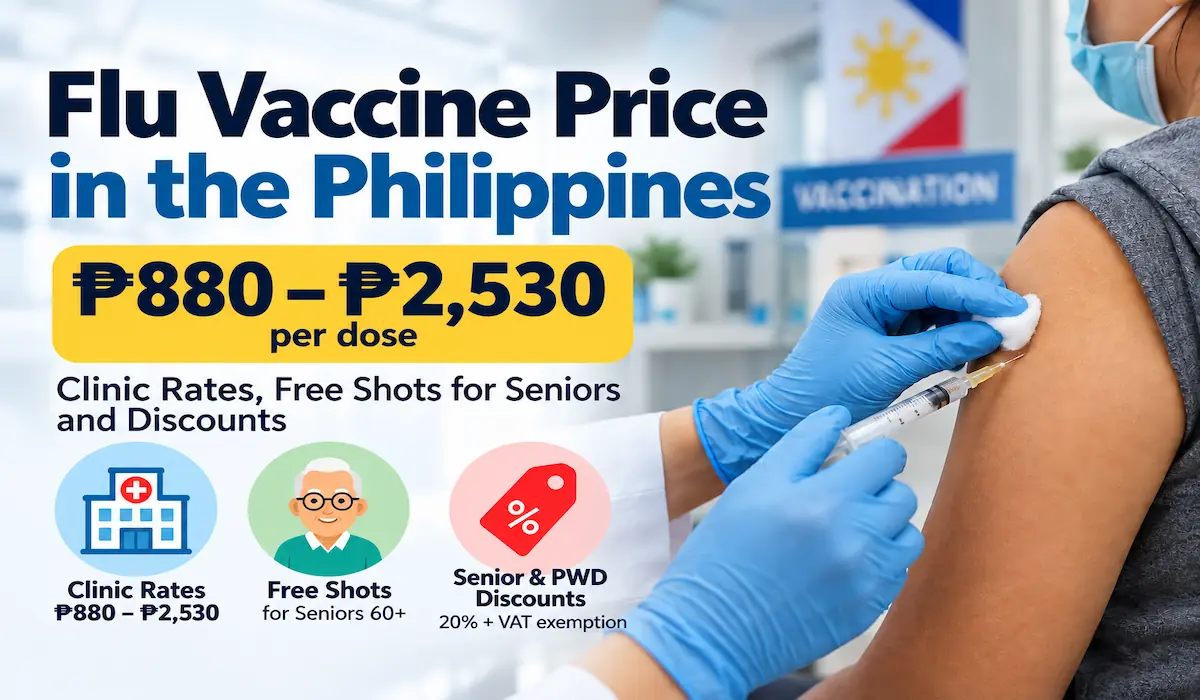 Flu vaccine price in the Philippines in 2026, showing private clinic rates of ₱880–₱2,530, free flu shots for seniors aged 60 and above, and senior citizen and PWD discounts.