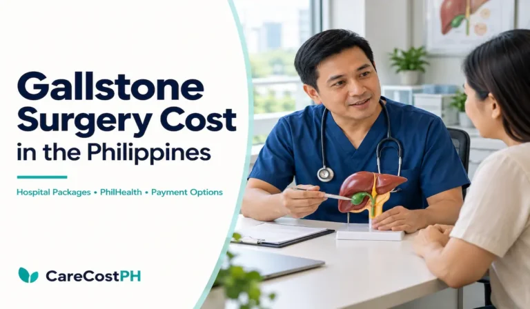 Doctor explaining gallbladder surgery to a patient using an anatomical model, beside a headline about surgery costs in the Philippines.