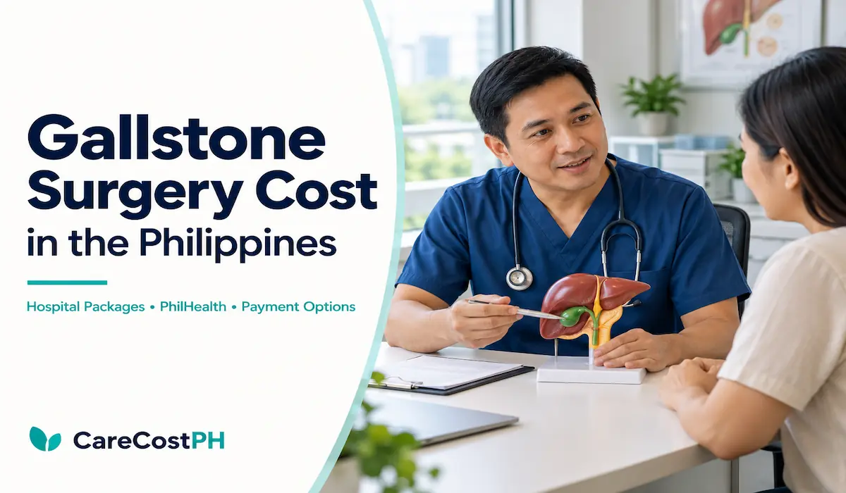 Doctor explaining gallbladder surgery to a patient using an anatomical model, beside a headline about surgery costs in the Philippines.