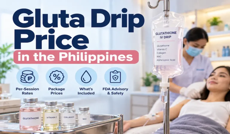 Gluta drip price in the Philippines, showing an IV glutathione infusion in a clinic with information about session costs, packages, and FDA safety warnings.