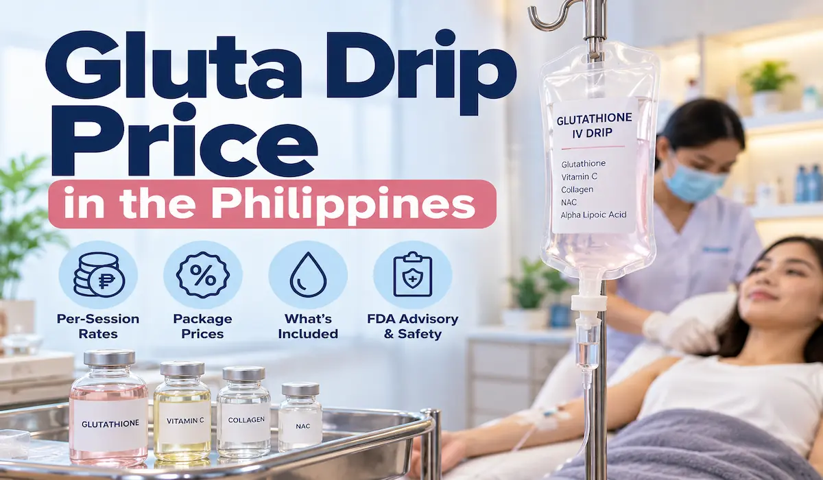 Gluta drip price in the Philippines, showing an IV glutathione infusion in a clinic with information about session costs, packages, and FDA safety warnings.