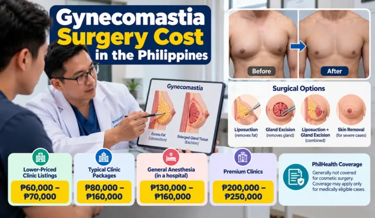 Gynecomastia surgery cost in the Philippines showing a plastic surgeon explaining male breast reduction, gland excision, liposuction, and clinic price ranges.