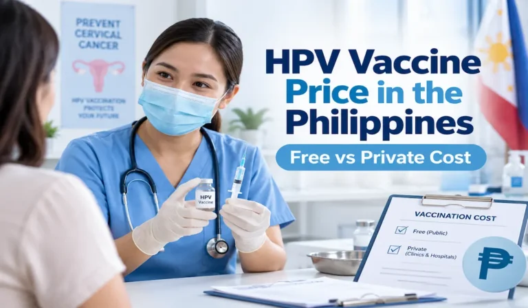 Healthcare worker holding an HPV vaccine in a Philippine clinic, illustrating HPV vaccination prices and free vs private costs in the Philippines.