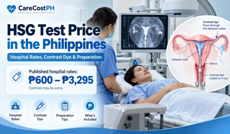 HSG test price in the Philippines showing a hysterosalpingography X-ray examination and medical illustration of the uterus and fallopian tubes.