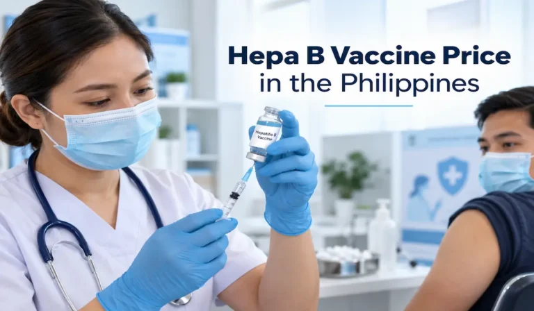 Filipino healthcare professional preparing a hepatitis B vaccine injection for an adult patient at a vaccination clinic in the Philippines.