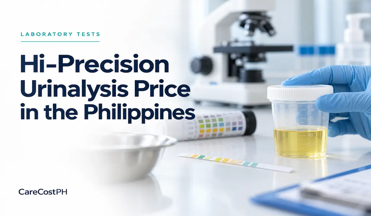 Urine sample container and test strip beside a microscope, with the title “Hi-Precision Urinalysis Price in the Philippines.”