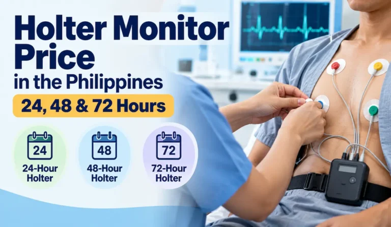 Healthcare professional attaching ECG electrodes and a portable Holter monitor to a patient in a Philippine hospital for 24, 48, or 72-hour heart rhythm monitoring.