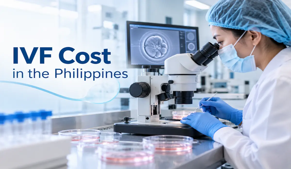Embryologist examining samples under a microscope at a fertility clinic laboratory in the Philippines.