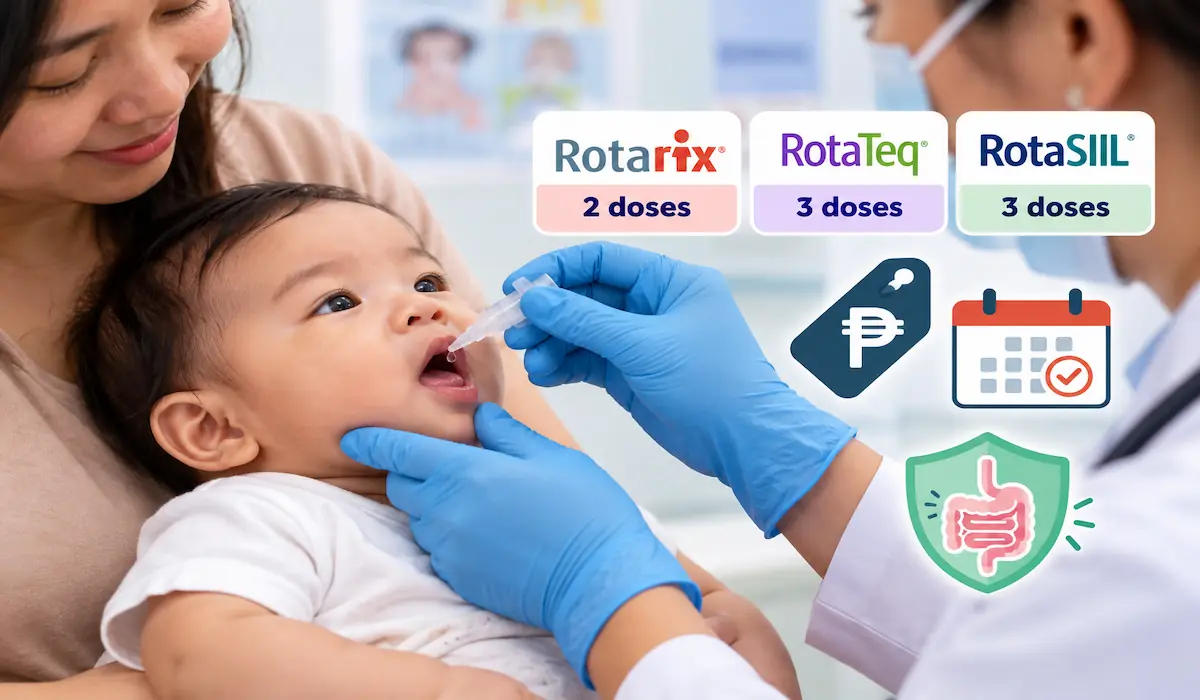 Healthcare professional administering oral rotavirus vaccine drops to an infant held by a parent at a pediatric clinic in the Philippines.