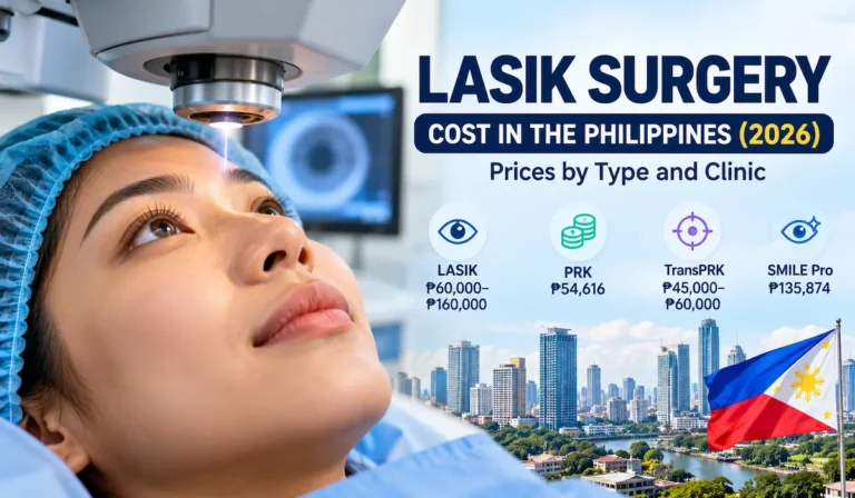 LASIK surgery cost in the Philippines showing laser eye treatment and price comparisons for LASIK, PRK, TransPRK, and SMILE Pro.