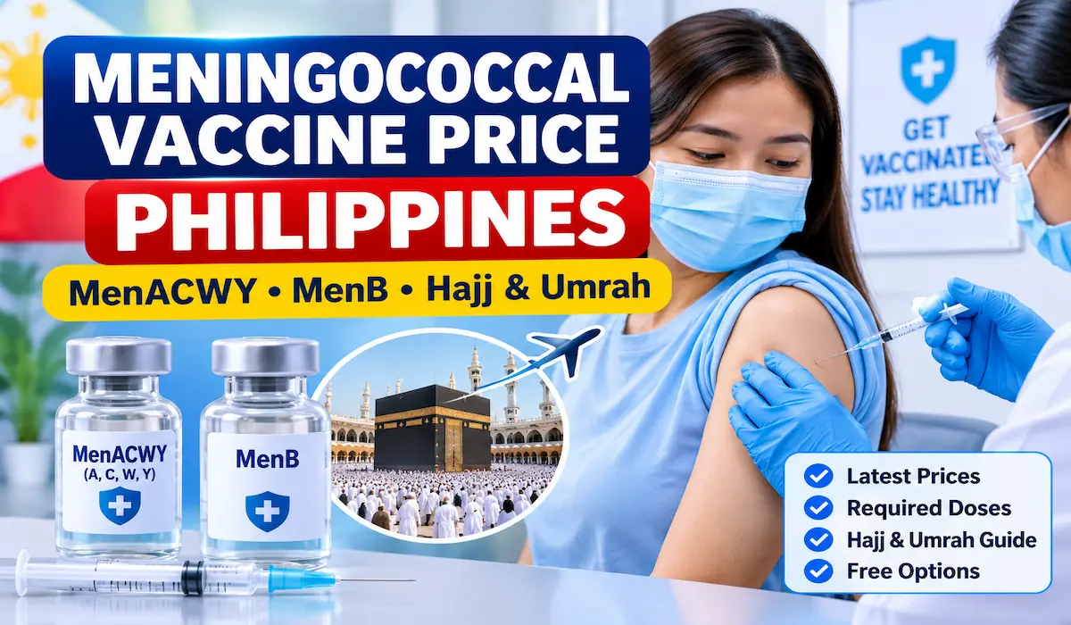 Healthcare professional preparing a meningococcal vaccine injection in a Philippine clinic, illustrating MenACWY, MenB and Hajj and Umrah vaccination requirements.