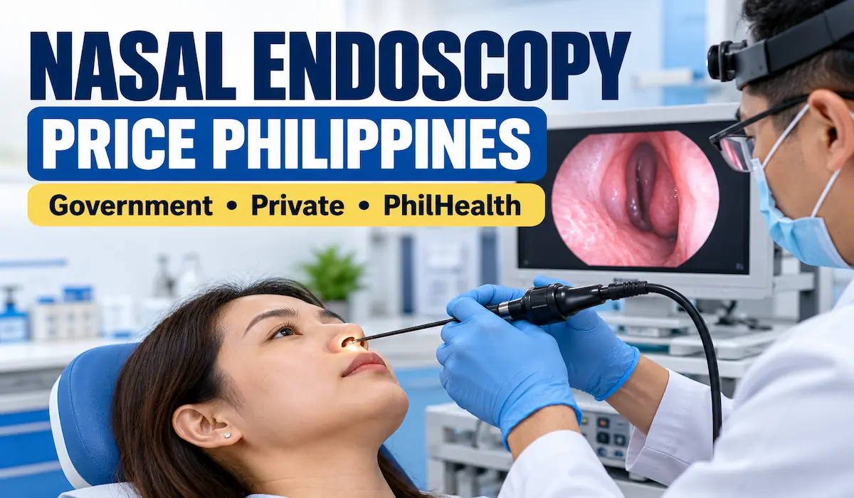 ENT specialist performing nasal endoscopy with a flexible camera scope in a Philippine clinic, illustrating government and private hospital prices.