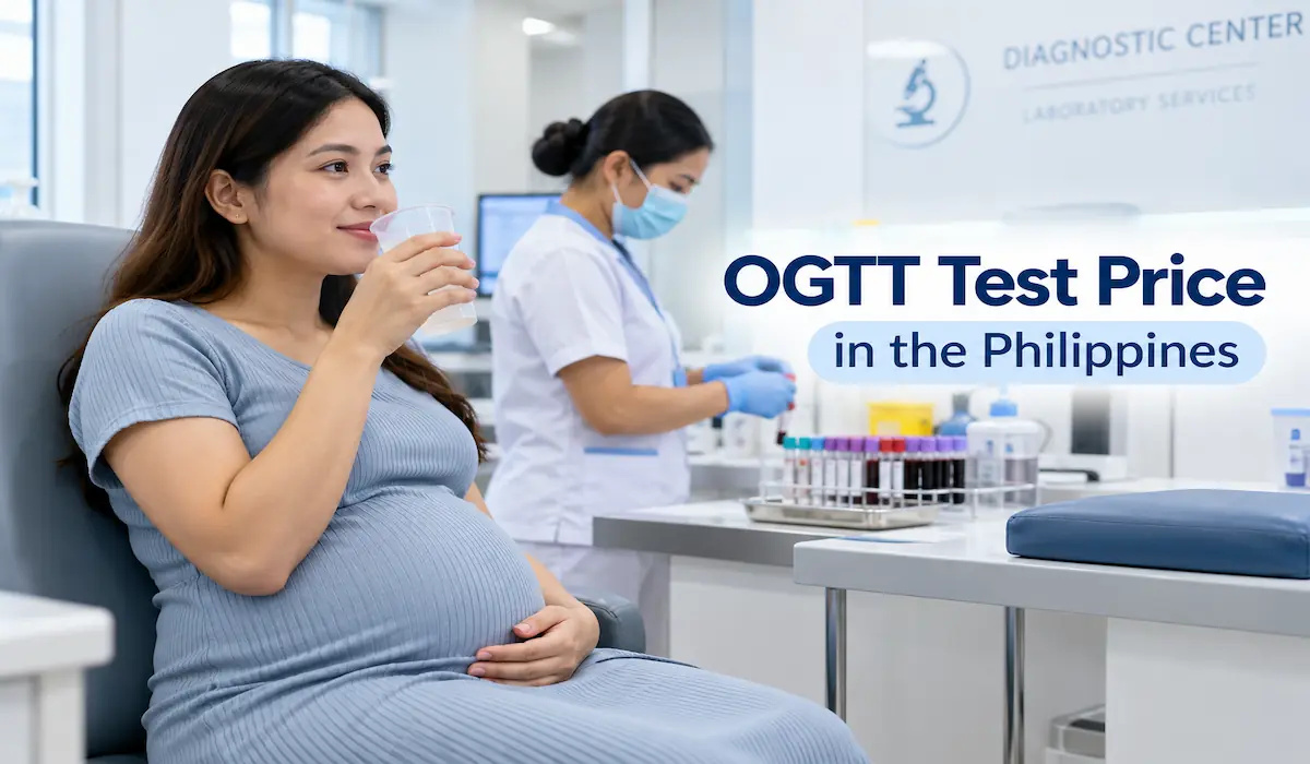 Pregnant Filipino woman drinking a glucose solution during an OGTT test at a diagnostic laboratory in the Philippines.