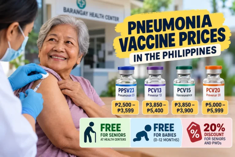 Pneumonia vaccine price in the Philippines showing PPSV23, PCV13, PCV15 and PCV20 costs with free options for seniors and babies