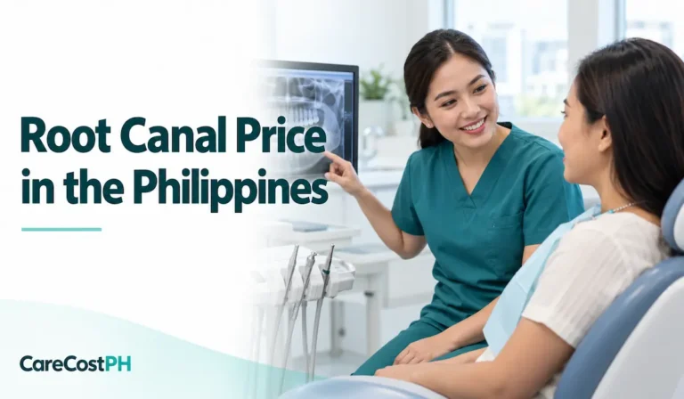 Dentist discussing a dental X-ray with a patient, with the headline “Root Canal Price in the Philippines.”