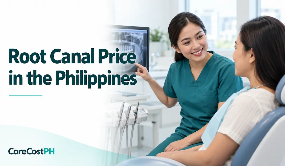 Dentist discussing a dental X-ray with a patient, with the headline “Root Canal Price in the Philippines.”