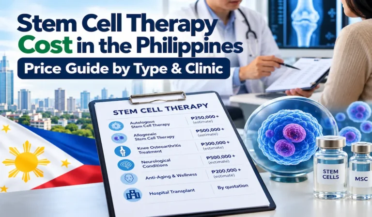 Stem cell therapy cost in the Philippines showing treatment types, estimated prices, medical consultation, and stem cell illustrations.
