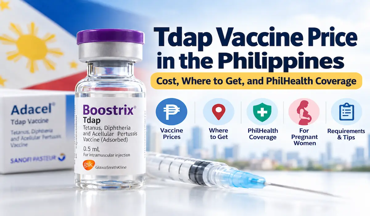 Tdap vaccine price in the Philippines showing a vaccine vial and syringe for Boostrix and clinic vaccination costs.