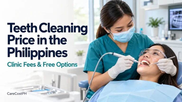 Dentist performing routine teeth cleaning on a patient, with text about clinic fees and free options in the Philippines.
