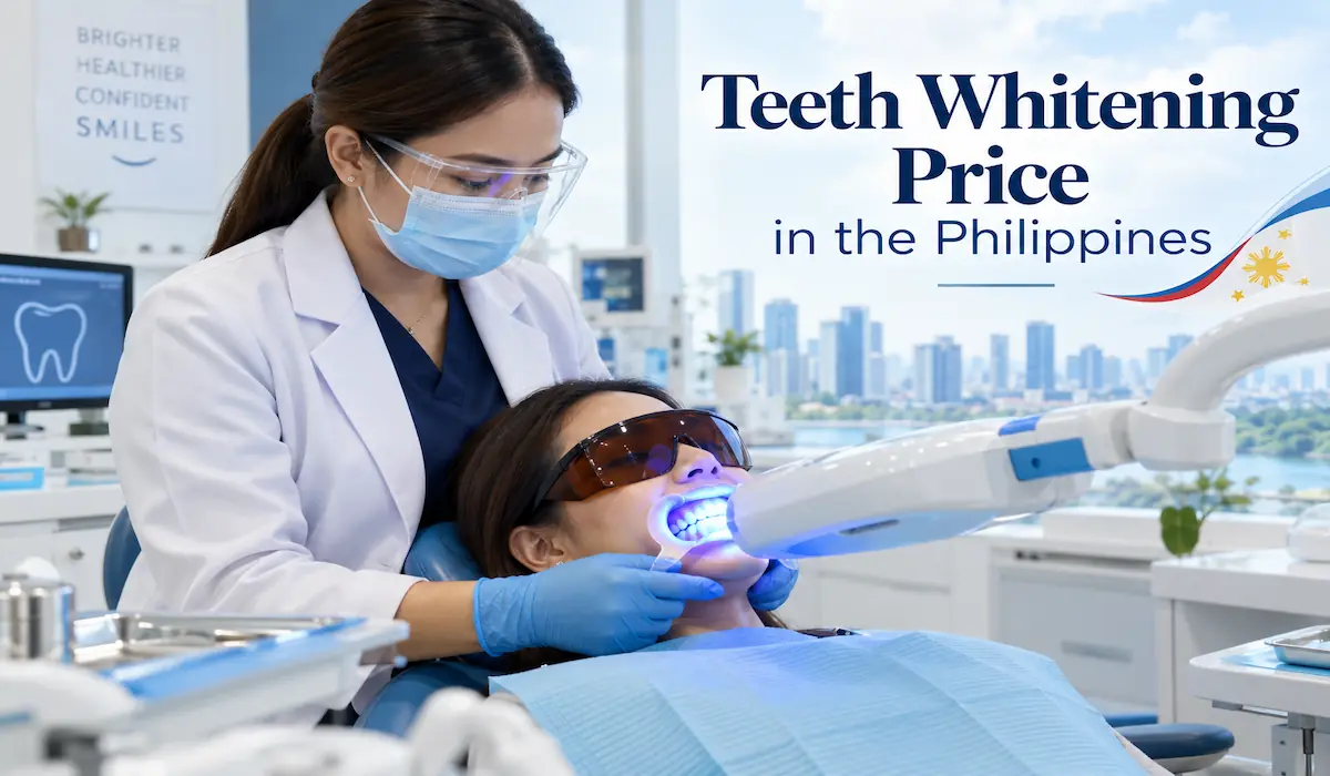 Dentist performing professional teeth whitening with a light-assisted whitening system at a Philippine dental clinic.