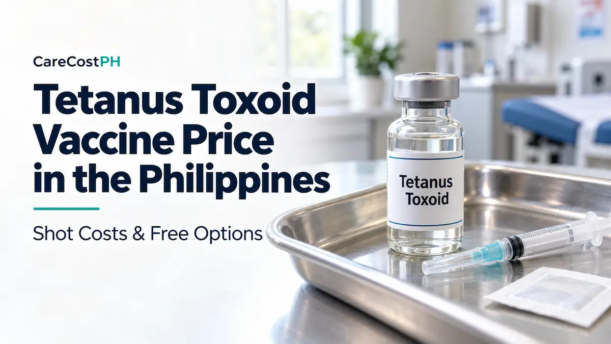 Tetanus toxoid vaccine vial and syringe beside the title “Tetanus Toxoid Vaccine Price in the Philippines.”