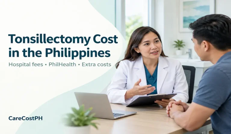 ENT doctor discussing tonsillectomy with a patient, alongside a heading about costs in the Philippines.