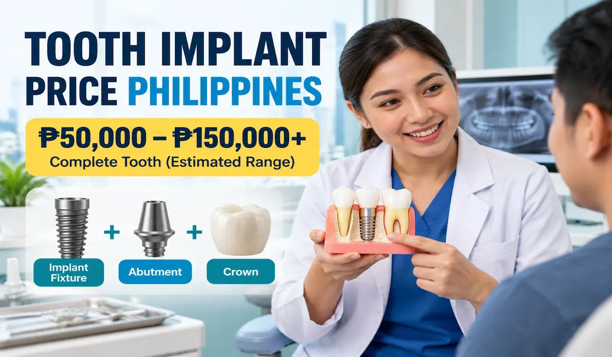 Dentist explaining a dental implant and crown to a patient in the Philippines
