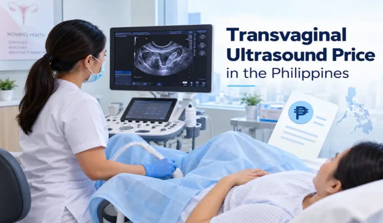 Healthcare professional performing a transvaginal ultrasound in a diagnostic clinic, with a pelvic ultrasound image displayed on the monitor, illustrating TVS prices in the Philippines.