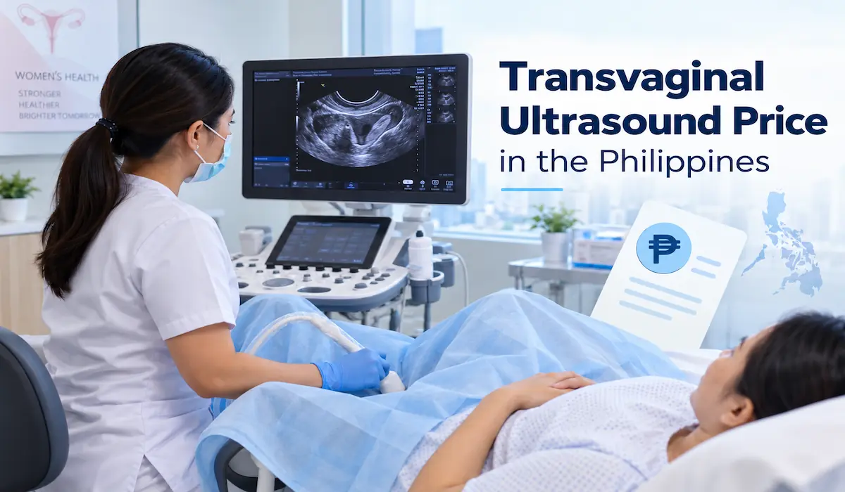 Healthcare professional performing a transvaginal ultrasound in a diagnostic clinic, with a pelvic ultrasound image displayed on the monitor, illustrating TVS prices in the Philippines.