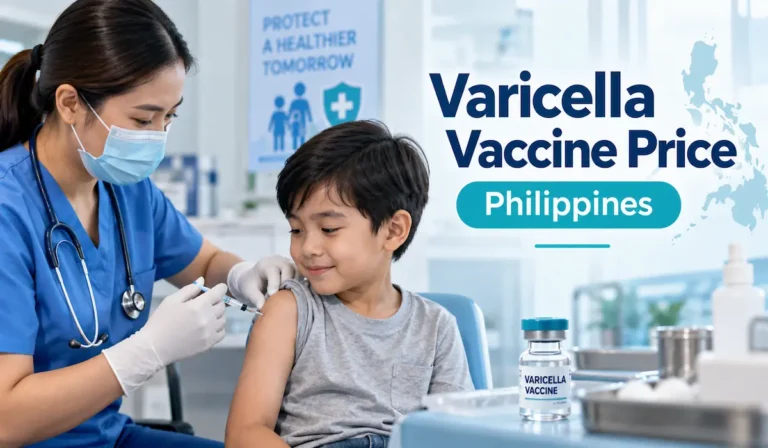 Filipino healthcare professional administering a varicella (chickenpox) vaccine to a child in a clinic in the Philippines.